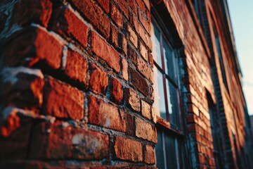 Naklejka premium A brick wall with a window overlooking a beautiful sky. Suitable for architectural and interior design concepts