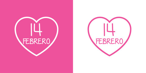 Logo del día de San Valentín. Texto manuscrito 14 Febrero en español en silueta de corazón con líneas para su uso en felicitaciones y tarjetas