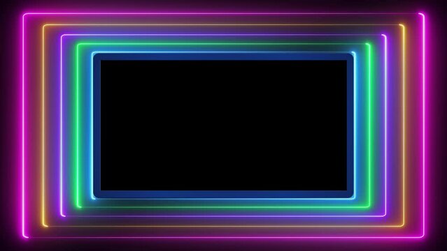 Neon light rectangle empty frame on black background with glowing lines. Seamless looping animation
