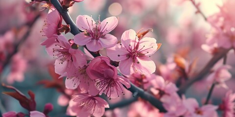 Obraz premium A close-up view of a pink flower on a tree. This image can be used to add a touch of color and nature to various projects