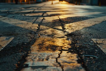 Obraz premium A picture of a wet street with a crosswalk and a traffic light. Can be used to depict urban life, city infrastructure, or rainy weather