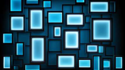 A 3D abstract composition of glowing blue neon rectangles in various sizes creating a complex, futuristic matrix.Background concept. AI generated.	
