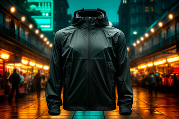Mockup of black waterproof jogging jacket  on neon street light background - obrazy, fototapety, plakaty