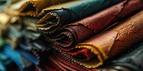 A close-up view of a variety of different colored leathers. Perfect for fashion designers, upholstery projects, or crafting enthusiasts