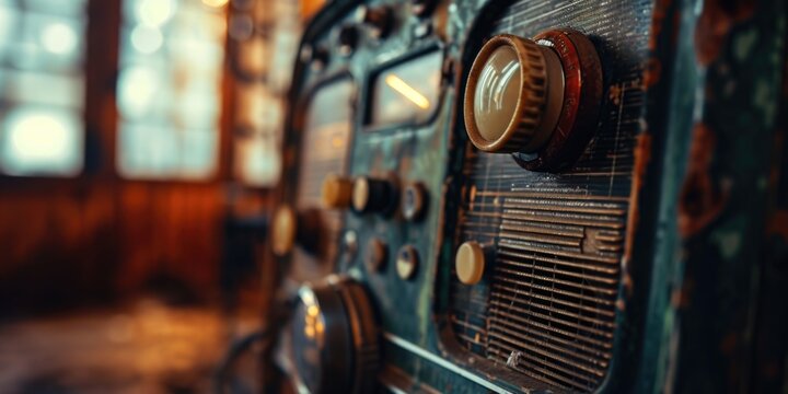 Vintage radio with dials and knobs in a classic room. Perfect for retro-themed designs and nostalgic projects