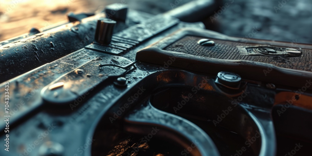 Poster a close up shot of a gun placed on a table. suitable for crime or detective-themed projects