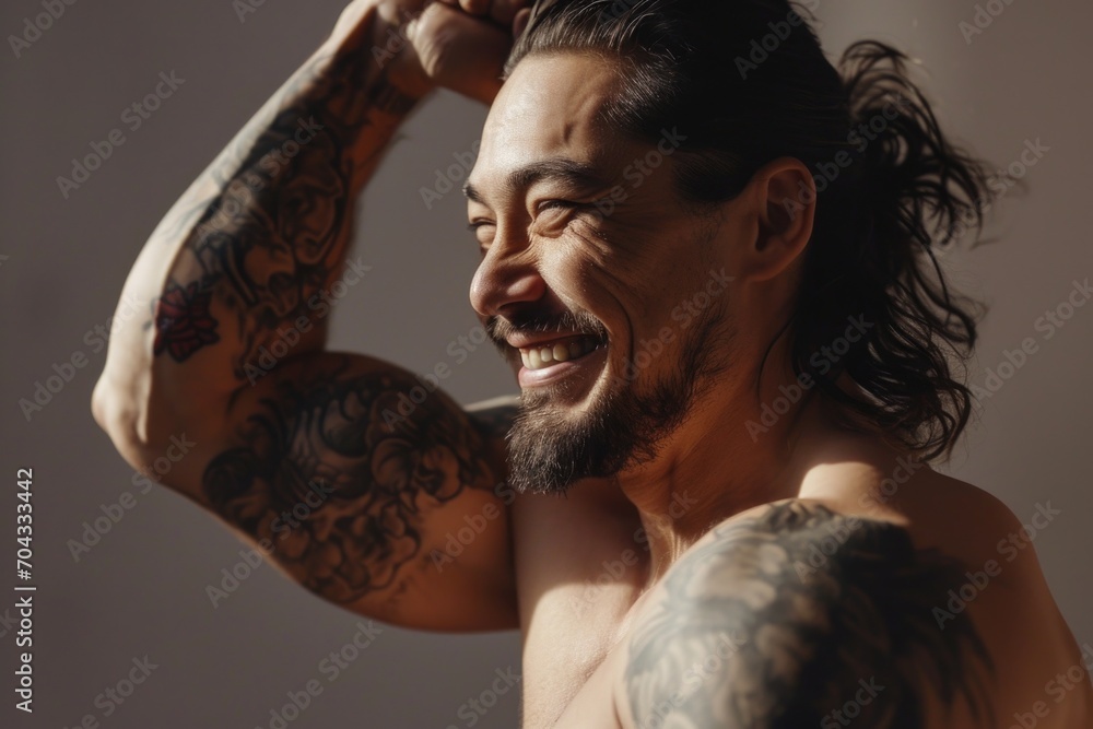 Poster a man with long hair and a beard smiling. suitable for various applications
