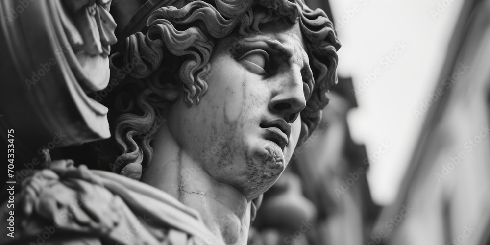 Poster a black and white photo of a statue of a man. suitable for various artistic projects