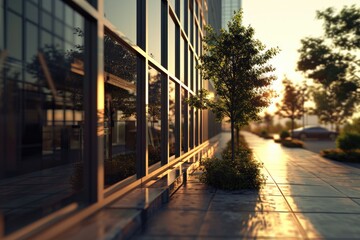 A picture of a sidewalk with a bench and a building in the background. This versatile image can be used to depict urban landscapes, city life, relaxation, or public spaces