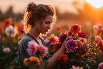 Naklejka premium A woman standing in a field of flowers, holding a beautiful bunch of flowers. Perfect for springtime and nature-themed designs