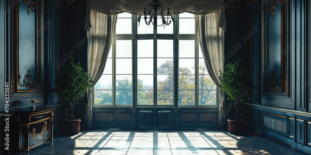 Poster a room with a large window and an elegant chandelier. this image can be used to depict luxury interi