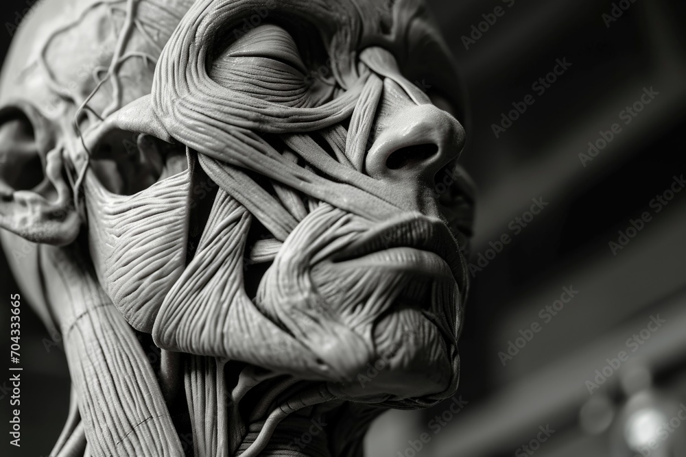 Poster A close-up view of a statue depicting the face of a man. This image can be used for various purposes