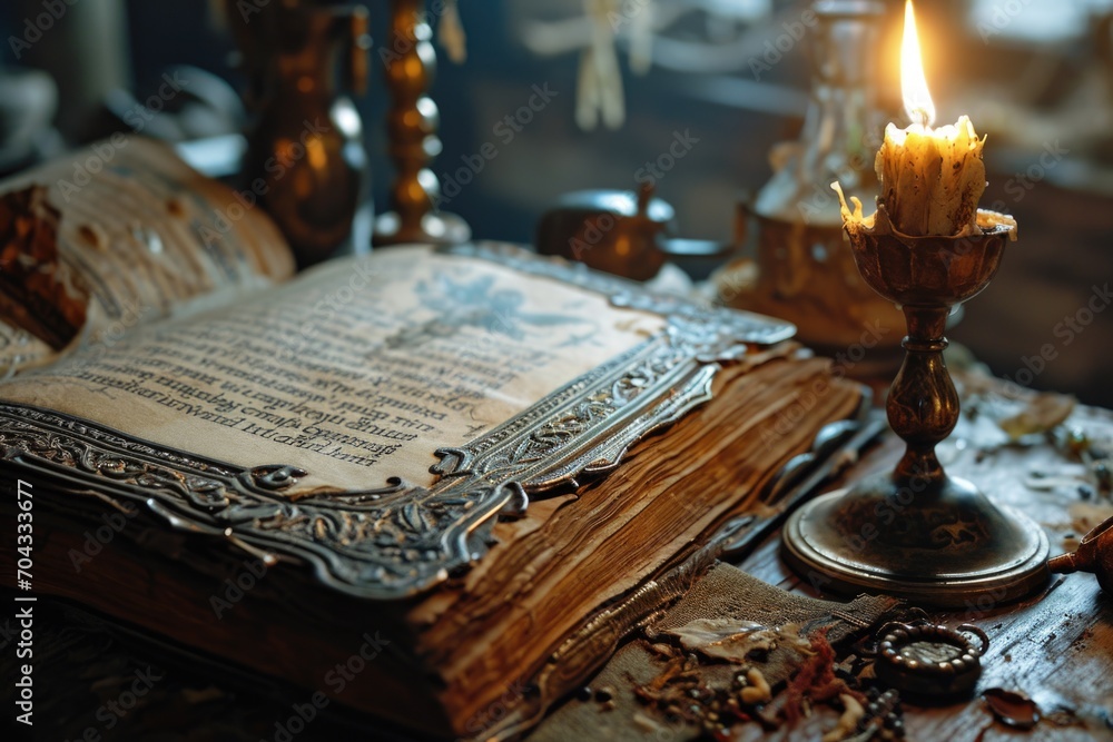 Poster an open book sits on top of a table next to a lit candle. this image can be used to depict relaxatio