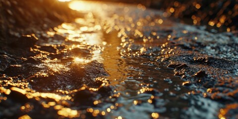 A close-up view of a stream of water at sunset. This image captures the beauty of the flowing water in the golden light of the setting sun. Perfect for nature and outdoor themed designs
