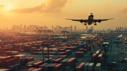 Airplane flying over a large number of shipping containers. Suitable for transportation, logistics,...