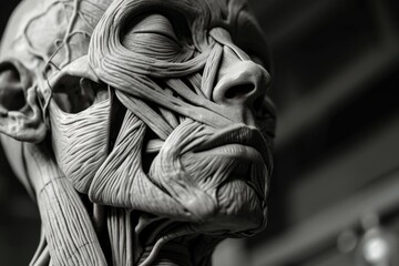 A close-up view of a statue depicting the face of a man. This image can be used for various purposes