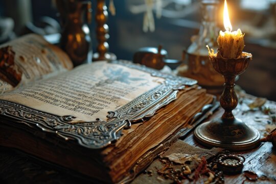 An open book sits on top of a table next to a lit candle. This image can be used to depict relaxation, reading, and a cozy atmosphere