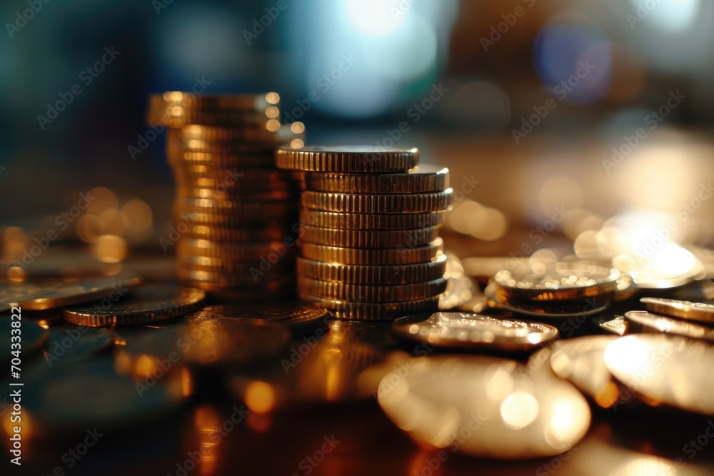 Poster a pile of coins sitting on top of a table. suitable for financial concepts and money-related themes