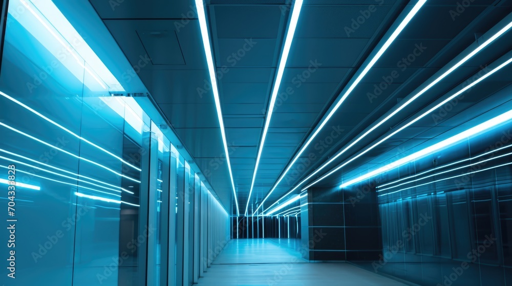 Poster a photograph of a long hallway in a building illuminated by blue lights. suitable for use in archite