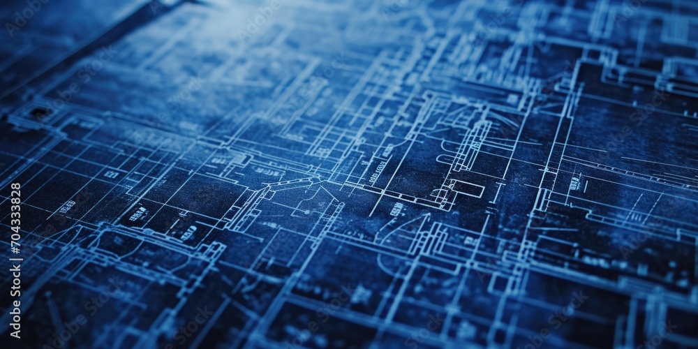 Poster A detailed close-up of a blueprint showcasing the architectural plans for a building. This image can be used to represent construction, architecture, or engineering projects