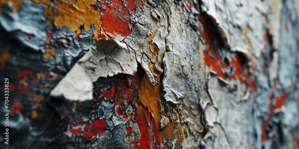 Poster A detailed view of peeling paint on the bark of a tree. This image can be used to depict the natural aging process or as a texture background for design projects