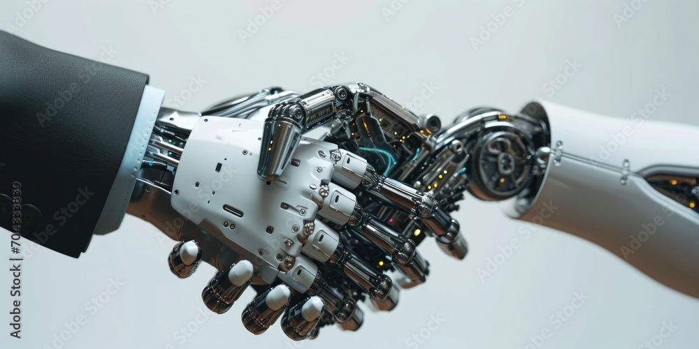 Aufkleber A close-up view of a person shaking hands with a robot. This image can be used to depict human-robot interaction and advancements in technology