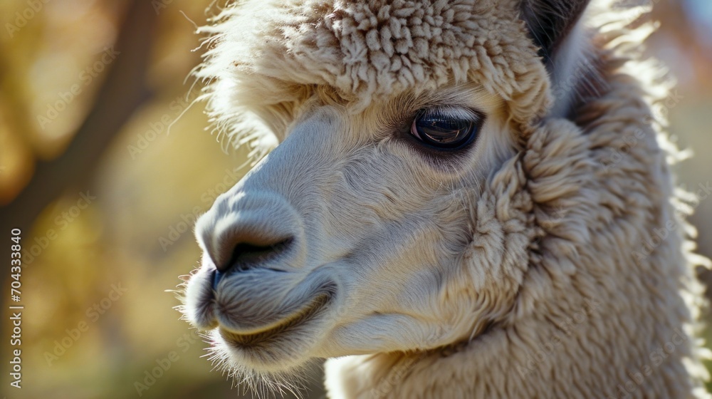 Poster A detailed view of a llama's face with a blurred background. This image can be used to depict the unique features and expressions of llamas.