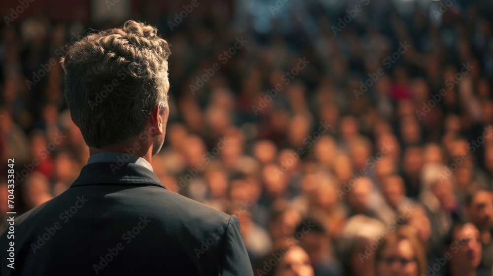 Poster a man confidently stands in front of a large crowd, commanding attention. this image can be used to 