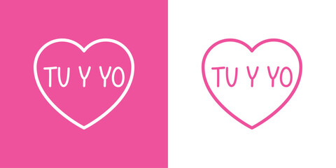 Logo del día de San Valentín. Texto manuscrito tu y yo en español en silueta de corazón con líneas para su uso en felicitaciones y tarjetas © teracreonte