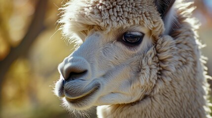 A detailed view of a llama's face with a blurred background. This image can be used to depict the unique features and expressions of llamas.