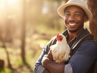African farmer man, chicken and portrait outdoor in field, healthy animal or sustainable care for livestock at agro job. Poultry entrepreneur, smile and bird in nature, countryside or agriculture - Powered by Adobe