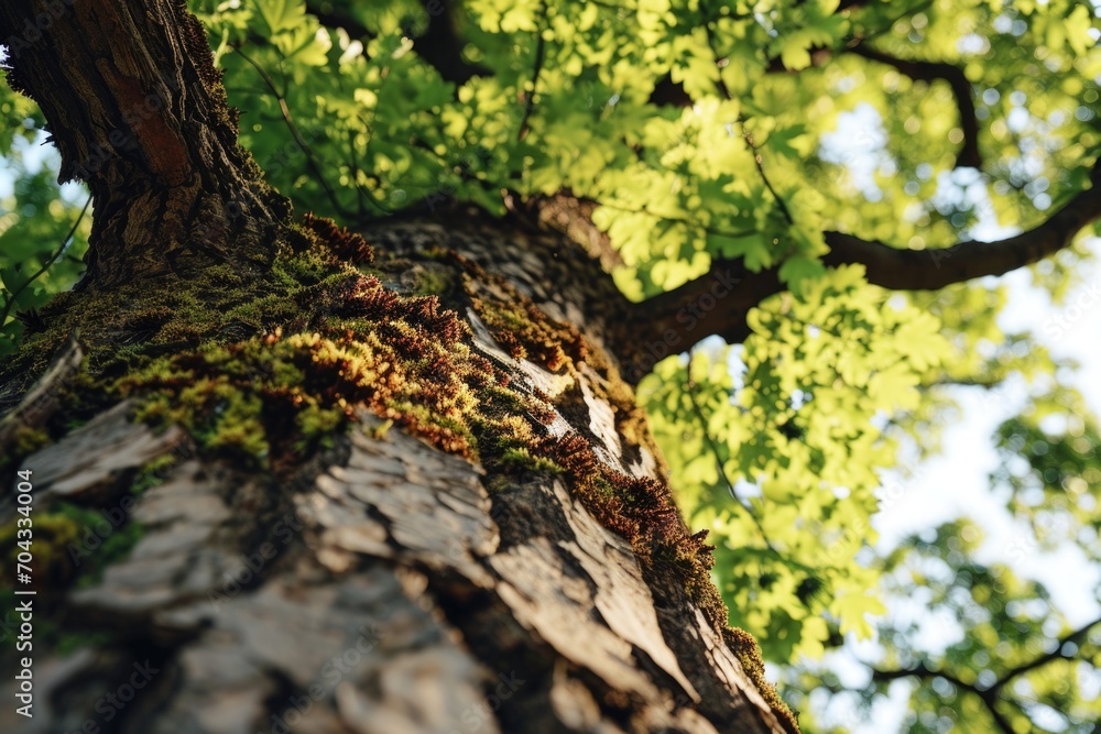 Poster a detailed close-up of a tree covered in lush green moss. perfect for nature enthusiasts and those l
