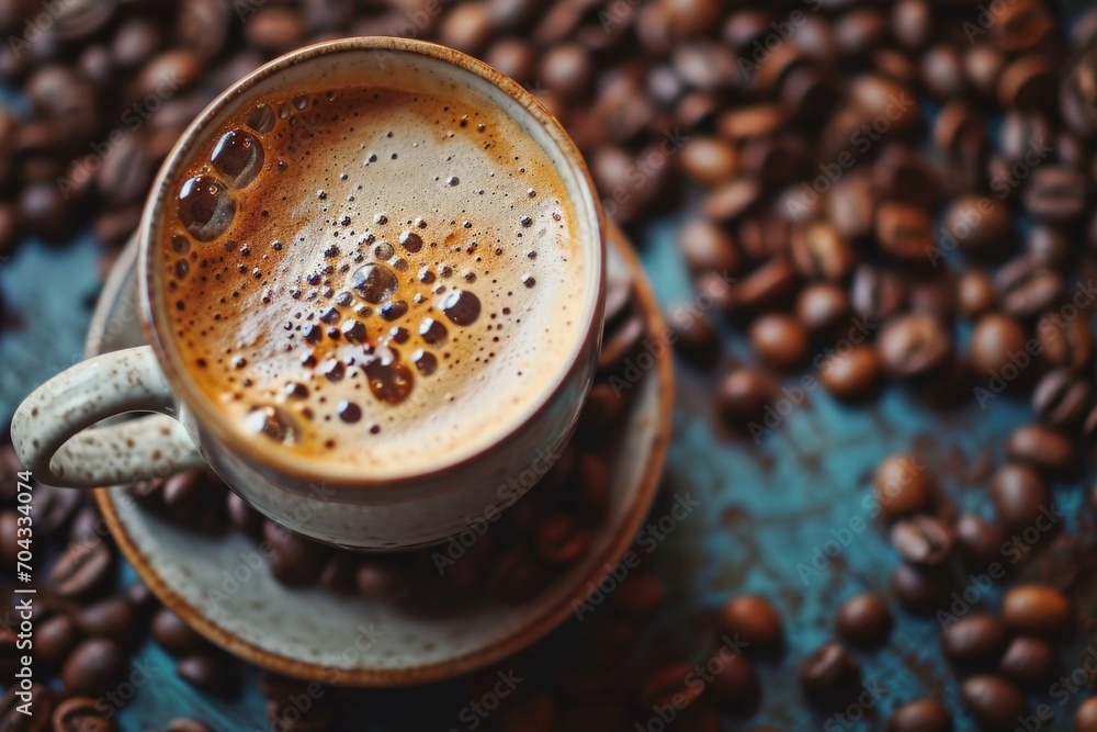 Poster a cup of coffee on a saucer surrounded by coffee beans. this image can be used to depict the concept