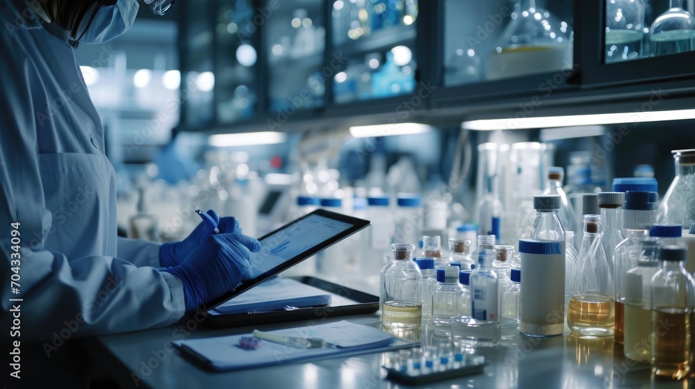 Aufkleber a person in a lab coat is writing on a clipboard. this image can be used to represent research, data