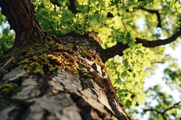 Obraz premium A detailed close-up of a tree covered in lush green moss. Perfect for nature enthusiasts and those looking for a touch of tranquility in their designs