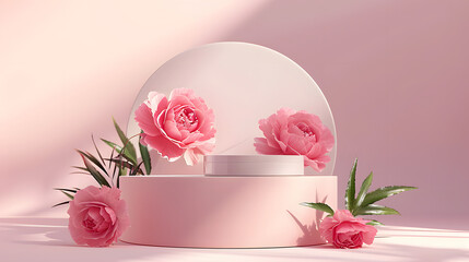 3D podium display, pastel pink background with rose flowers. Peonies flower and palm leaf shadow. Minimal pedestal for beauty, cosmetic product. Valentine, feminine copy space template 3d render