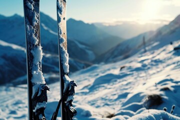 Skis resting on top of a snowy slope. Perfect for winter sports enthusiasts and ski resort promotions