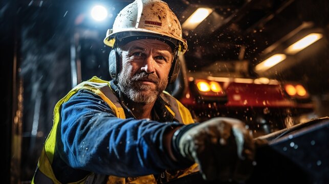 Portrait of a male miner wearing a hard hat and safety gear operating heavy machinery in an underground mine