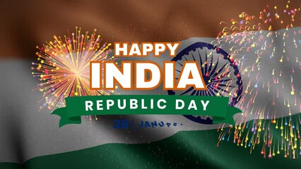 Happy Republic Day India, 26th January. Lettering text animation with indian flag background. Happy India Republic Day