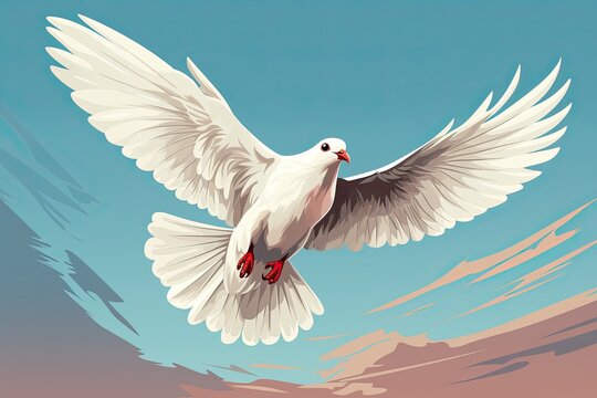White dove against the blue sky. Illustration in cartoon style