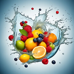 Fresh and Vibrant: Fruits and Vegetables Splash into Clear Blue Water - A Concept of Healthy Food, Diet, and Freshness