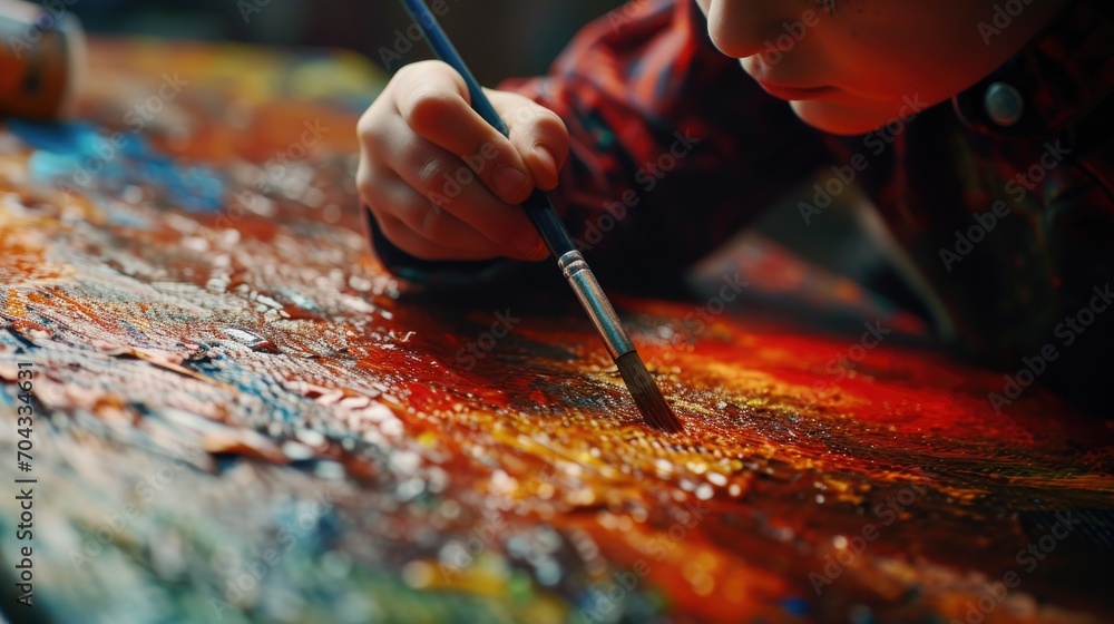 Aufkleber child using a brush to paint on a canvas. suitable for creative and artistic projects