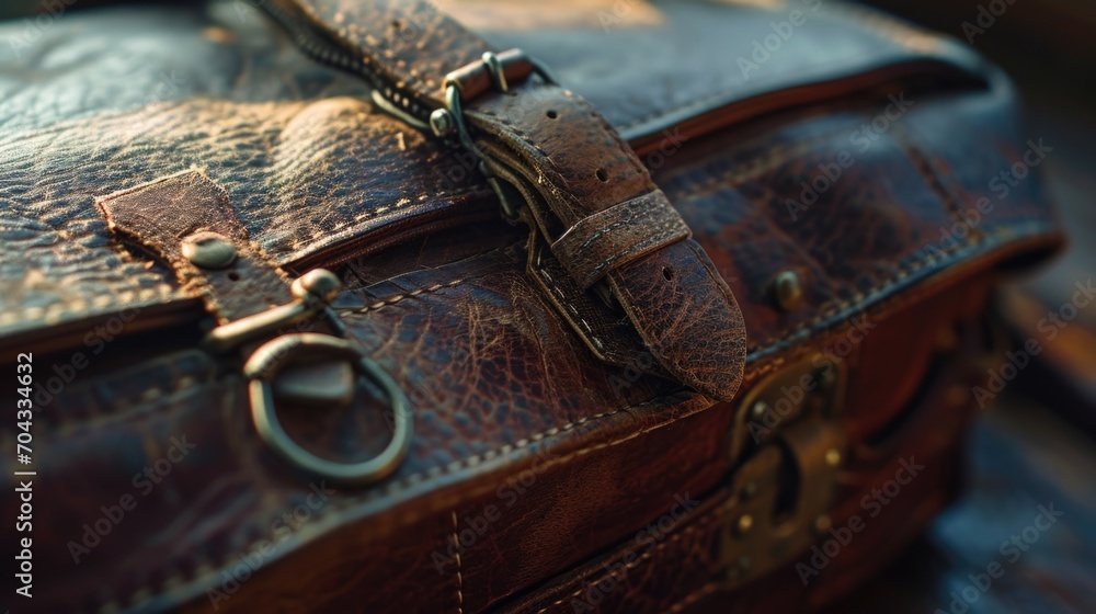 Poster A detailed view of a piece of luggage. Suitable for travel-related themes and concepts