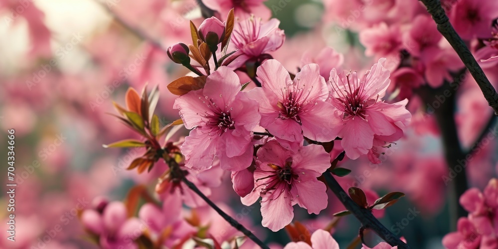 Poster pink flowers in close up view on a tree branch. perfect for nature and spring-themed designs