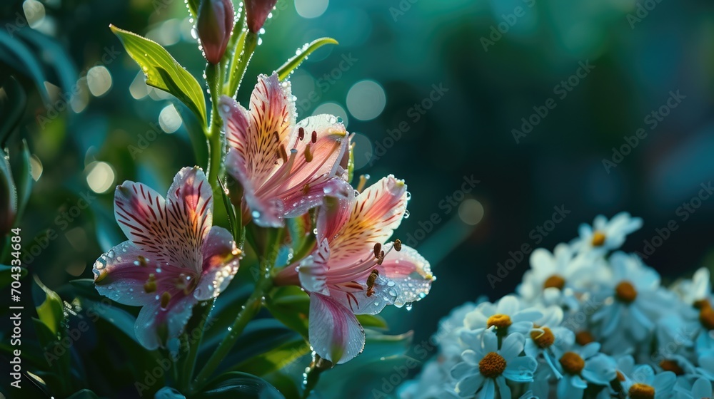 Aufkleber A close up view of a bunch of flowers with water droplets. This image can be used to add a touch of freshness and beauty to any project