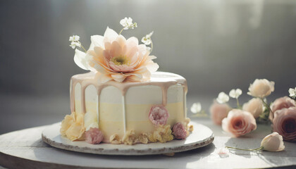 Sweet cake decorated with chocolate and flowers, wedding or birthday celebration