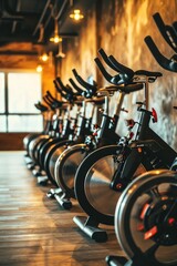 A row of stationary bikes in a gym. Perfect for fitness and exercise related content