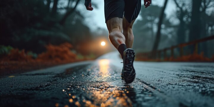 A man is seen running on a wet road at night. This image can be used to depict exercise, determination, or a night jog