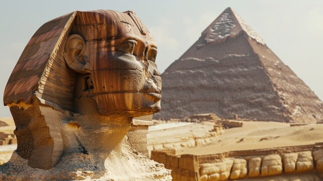 A statue of a gorilla stands tall in front of a majestic pyramid. This image can be used to depict strength, power, and the juxtaposition of nature and ancient architecture