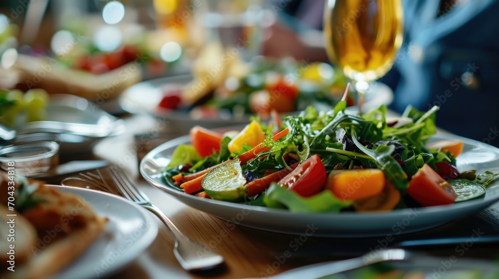 Poster a plate of fresh salad with a glass of wine on a table. perfect for food and beverage related projec